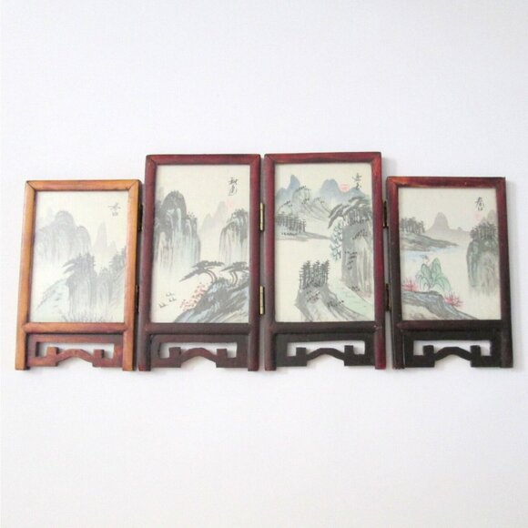Vintage Miniature Chinese Four Panel Screen Dual Sided Hand Painted Signed 6.5" - Picture 4 of 13
